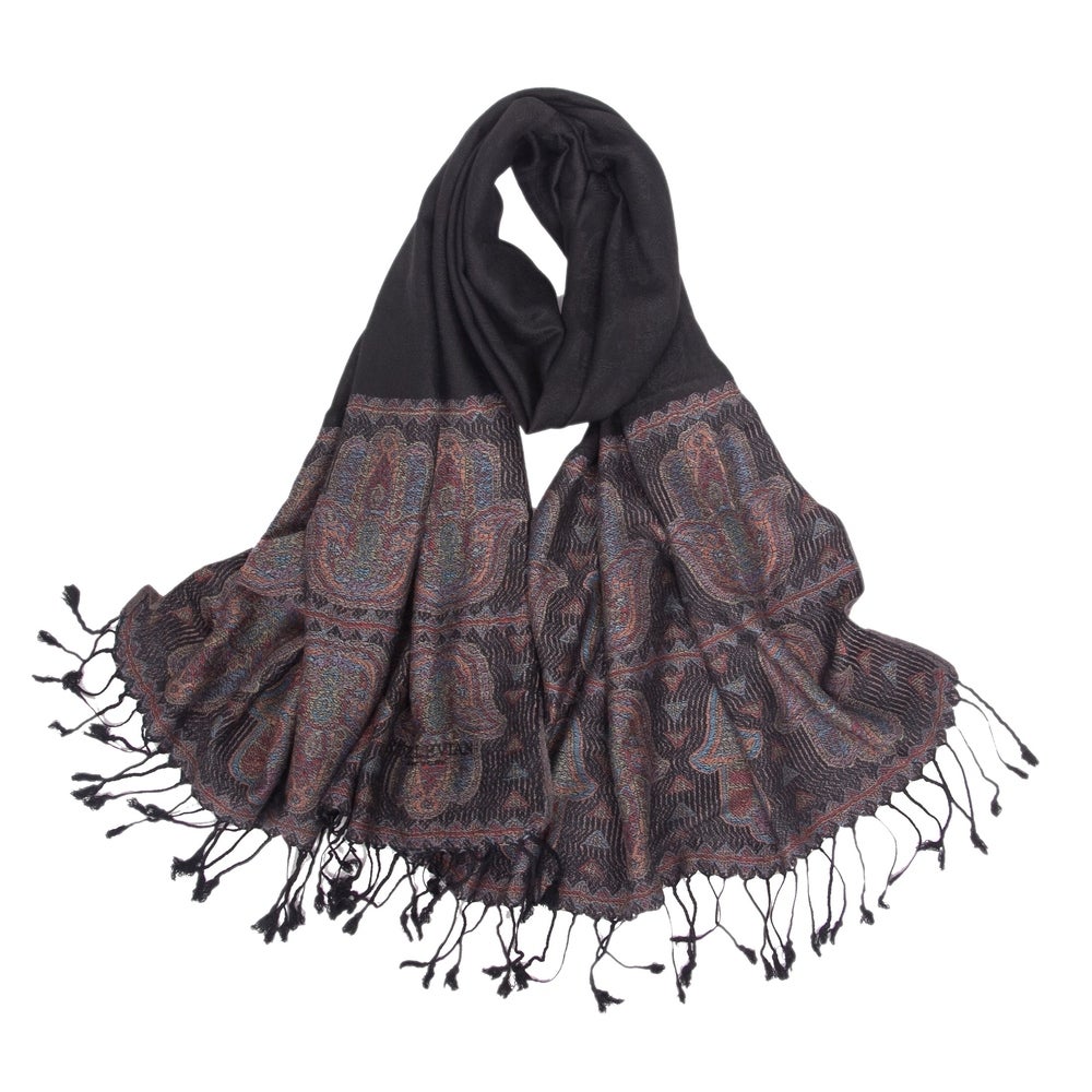 Suzy Levian Women's Lightweight Hamsa Black Scarf