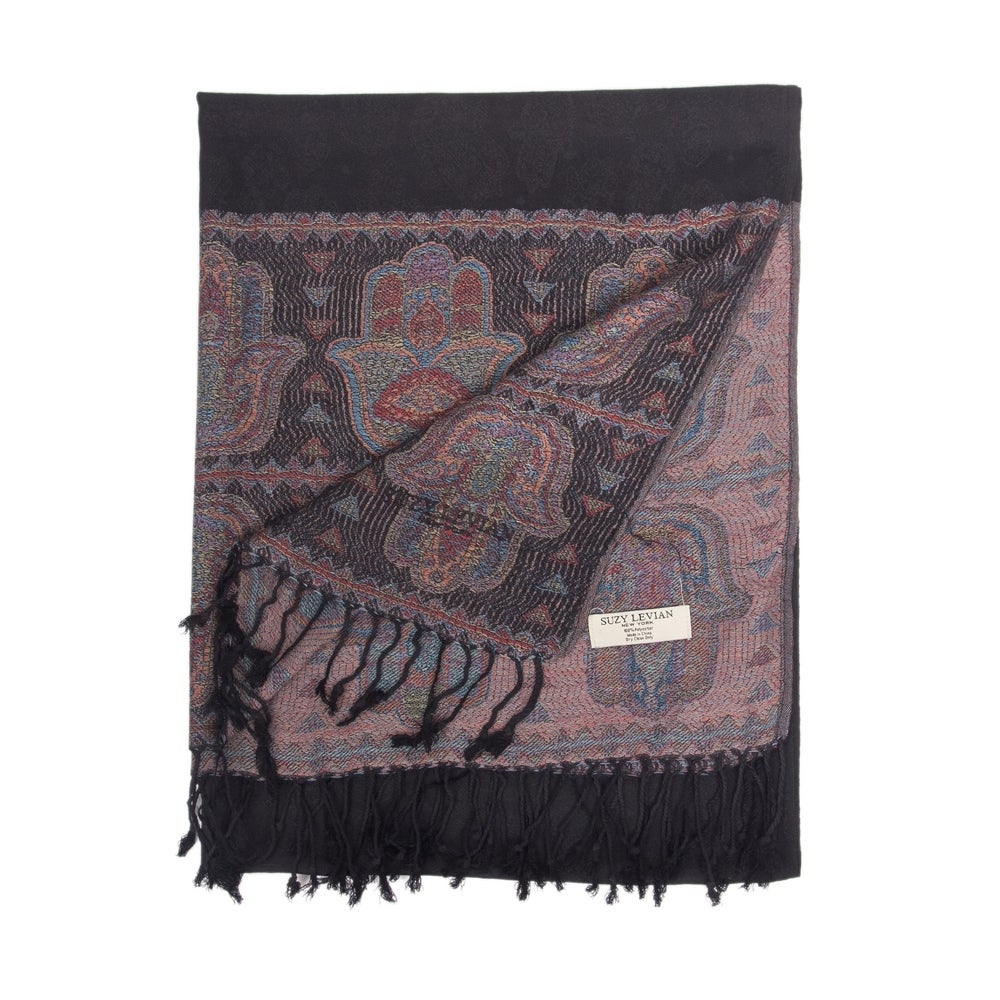 Suzy Levian Women's Lightweight Hamsa Black Scarf