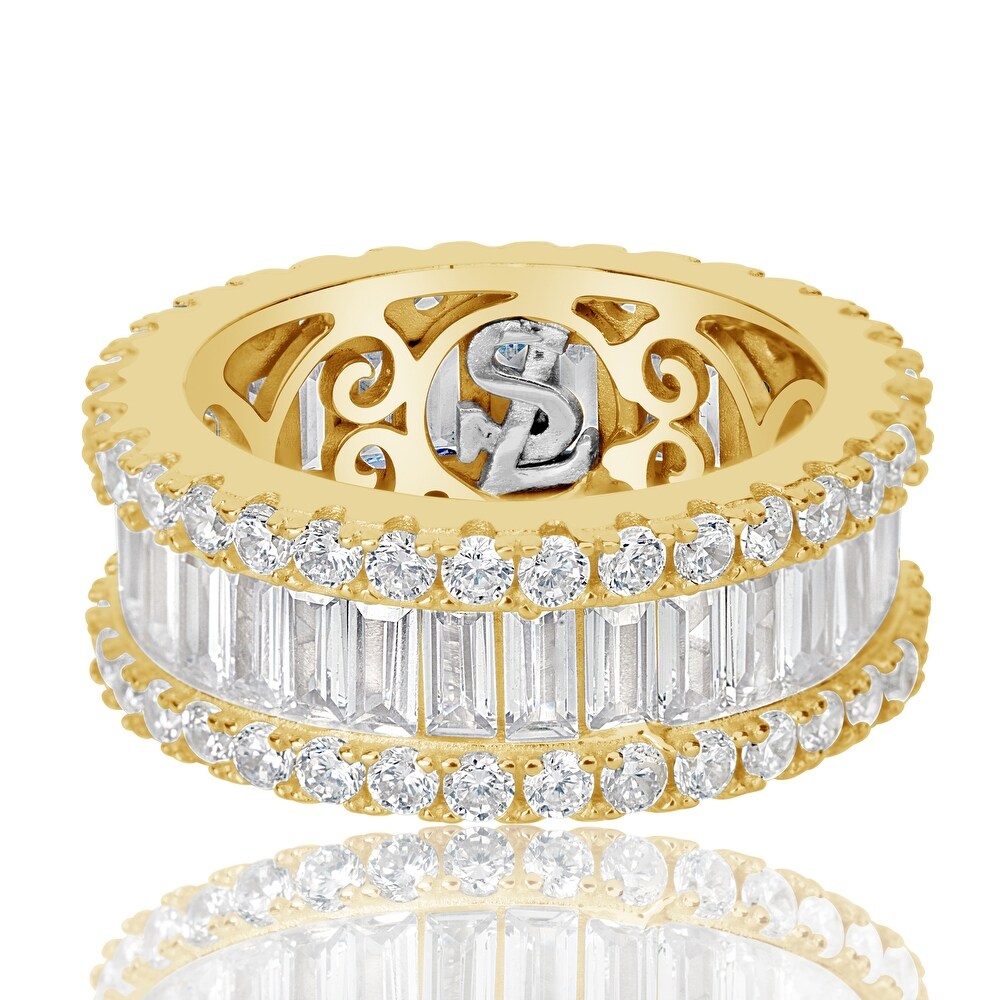 Suzy Levian Yellow Sterling Silver Cubic Zirconia White Baguette and Round Wide Eternity Band
