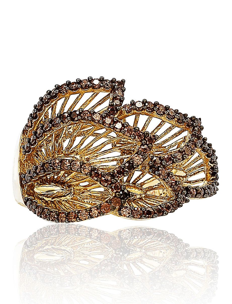 Suzy Levian Pave Cubic Zirconia Brown Leaf Sterling Silver Ring