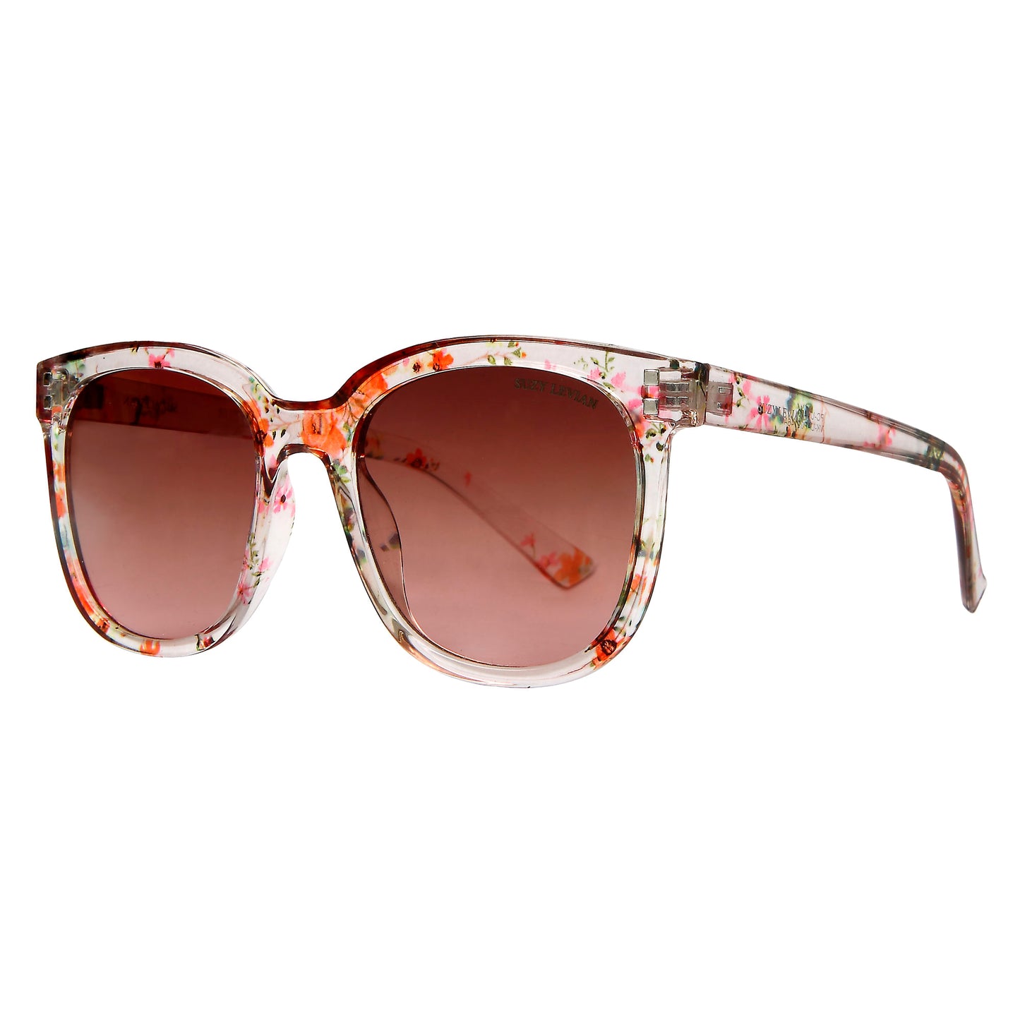 Suzy Levian Women's Pink Clear Floral Square Lens Silver Accent Sunglasses