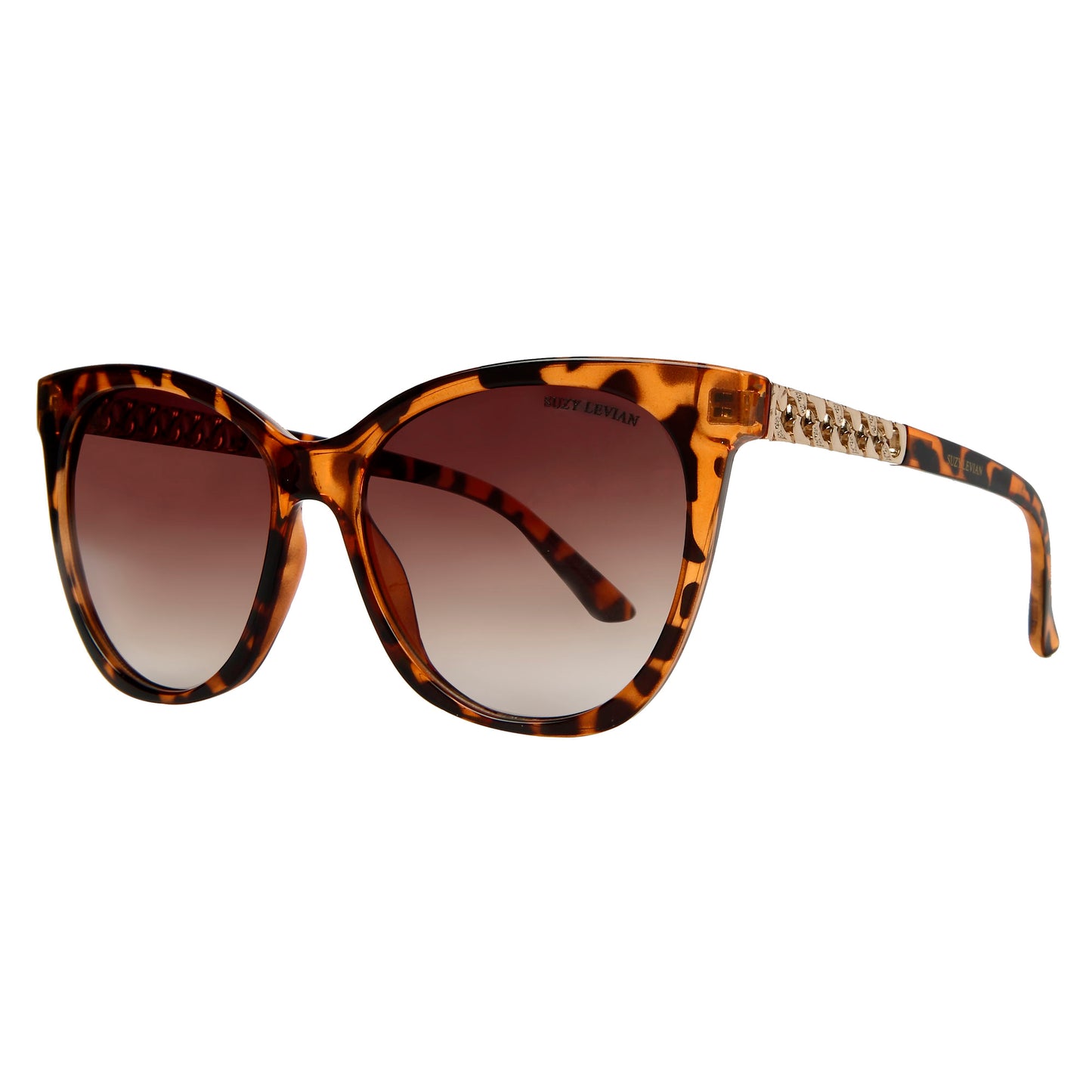 Suzy Levian Women's Brown Tortoise Square Cat-Eye Lens Gold Chain Sunglasses