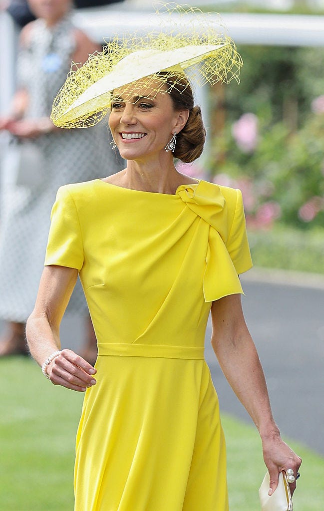 Catherine, Princess of Wales wearing a bright yellow dress and hat at Royal Ascot 2026