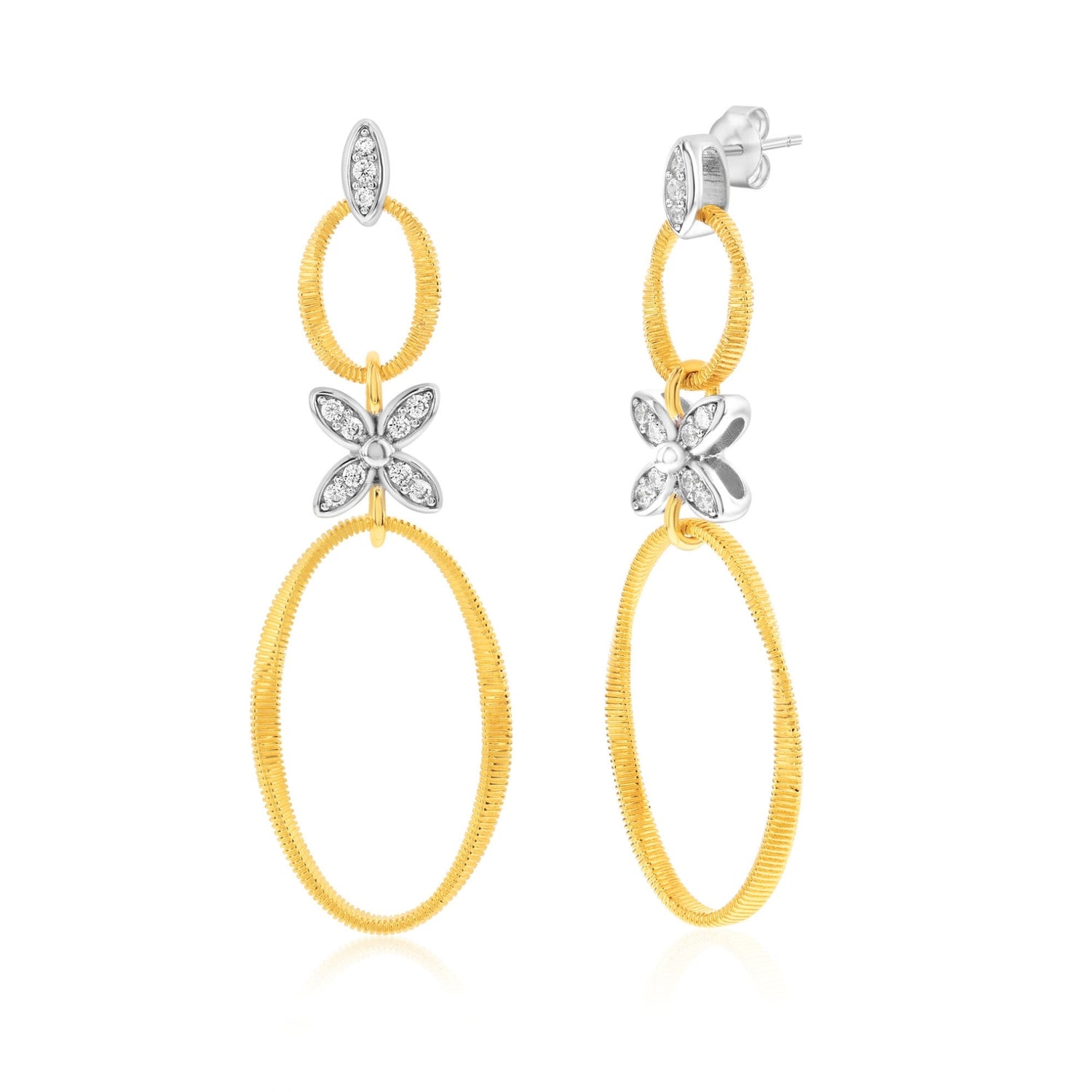 Suzy Levian Golden Helix double circle coil earrings with white cubic zirconia in yellow sterling silver