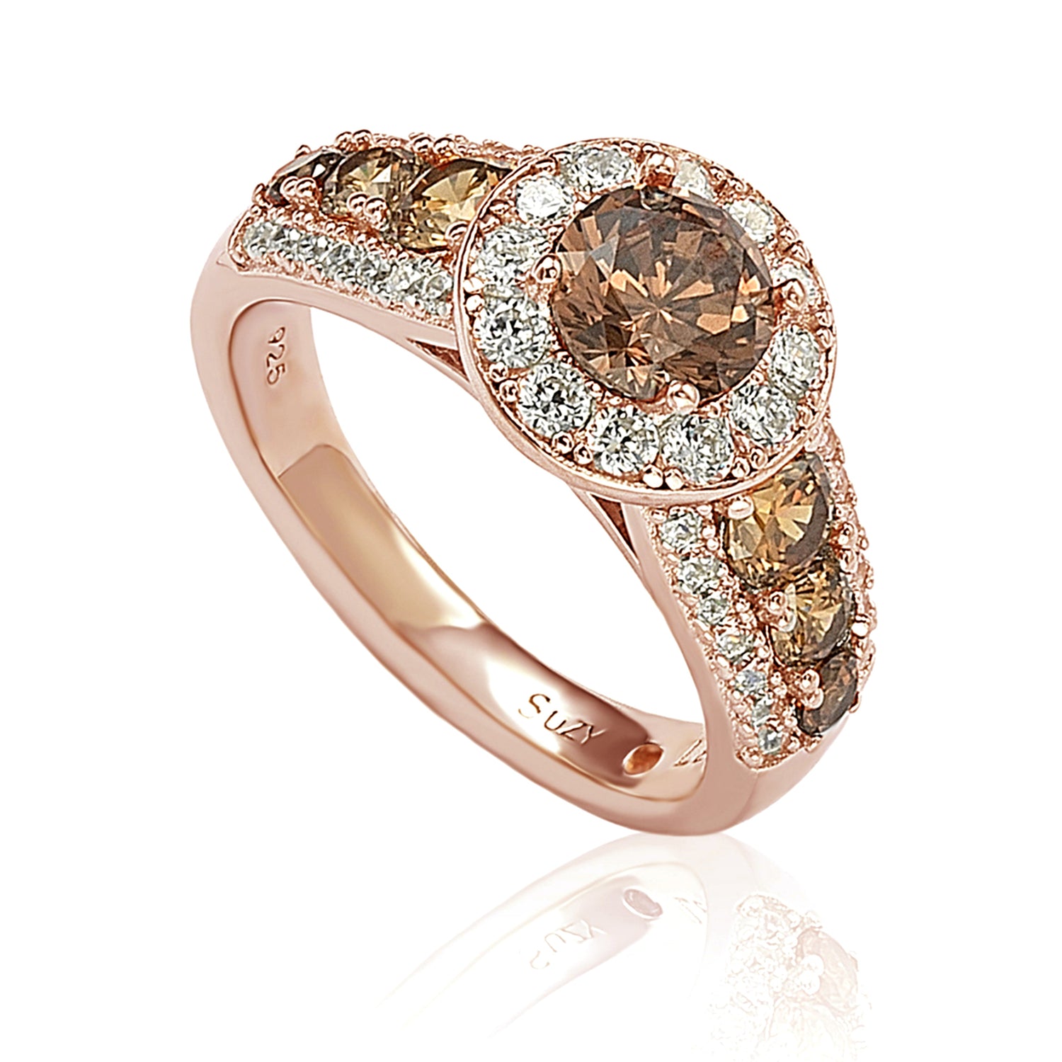 Suzy Levian brown and white cubic zirconia engagement ring in rose sterling silver for the champagne and brown jewelry trend