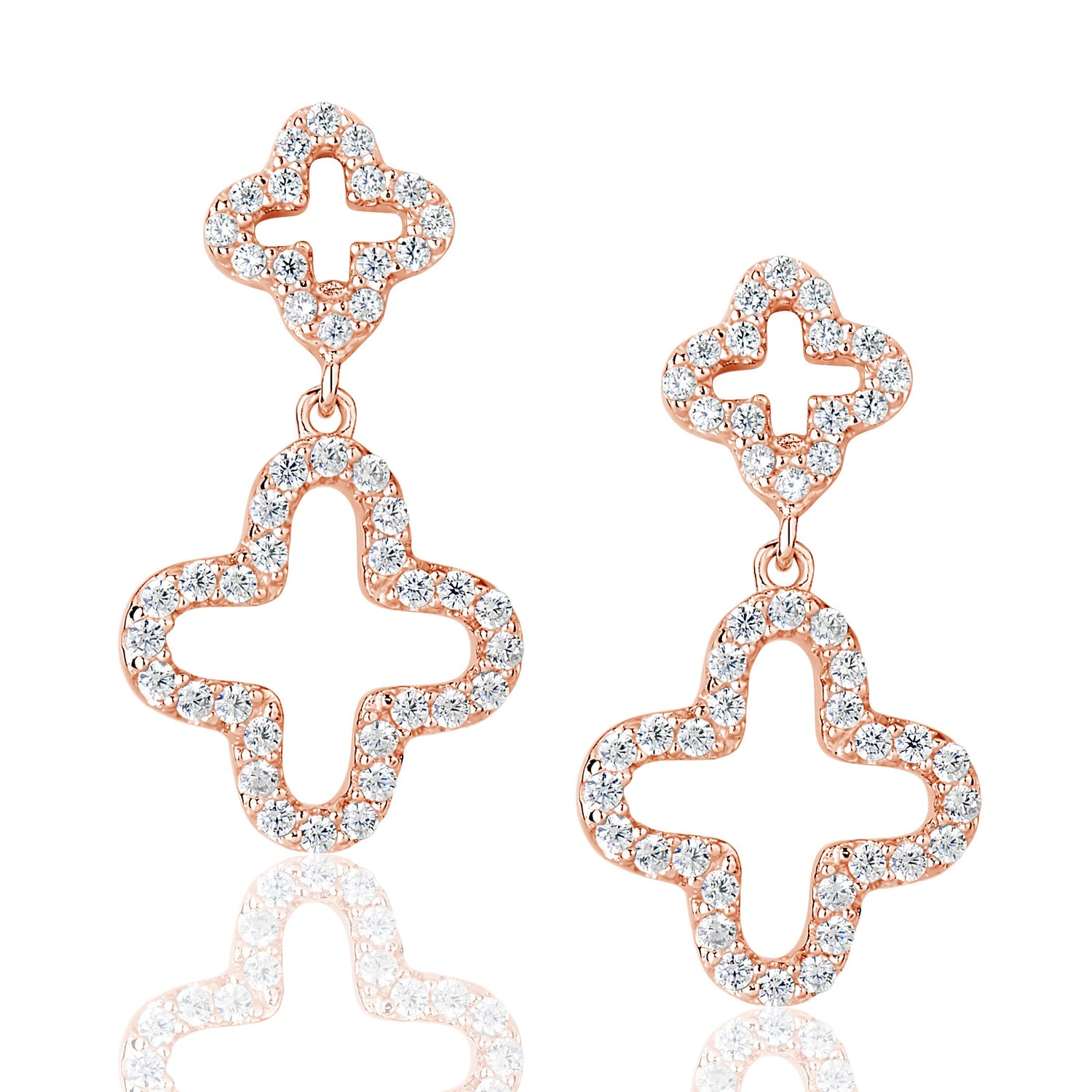Rose sterling silver double clover dangle earrings with cubic zirconia