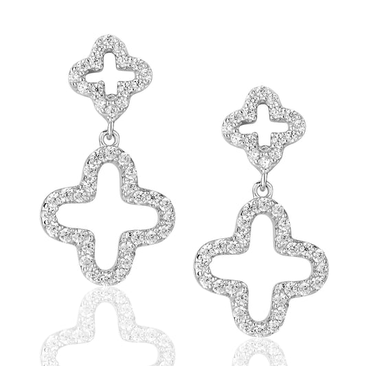 Sterling silver double clover dangle earrings with cubic zirconia