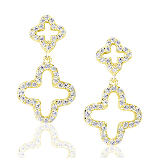 Golden sterling silver double clover dangle earrings with cubic zirconia
