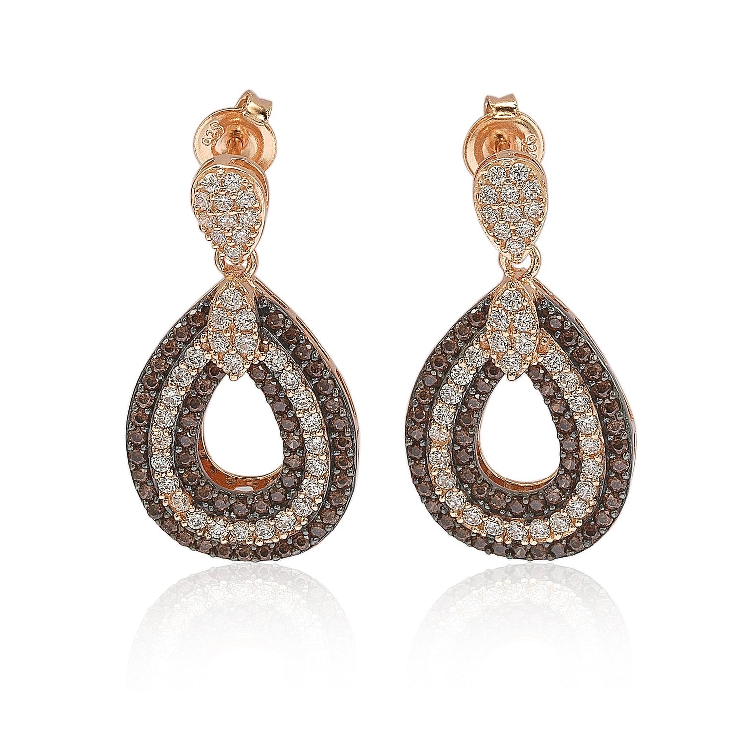 Suzy Levian rose sterling silver brown and white cubic zirconia teardrop dangle earrings
