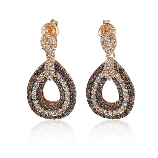 Suzy Levian rose sterling silver brown and white cubic zirconia teardrop dangle earrings