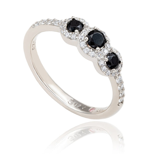 Suzy Levian black cubic zirconia petite ring for a moody bridal jewelry trend story