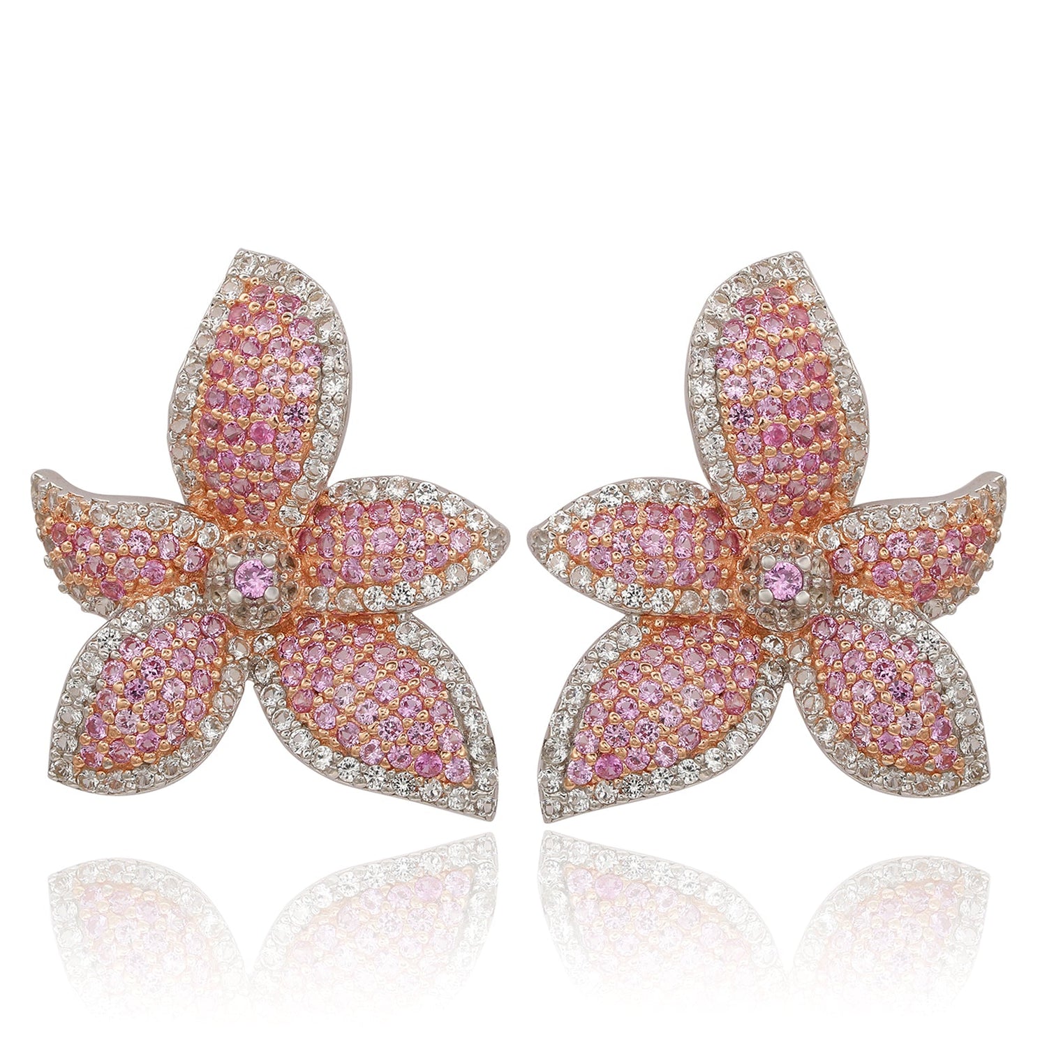 Sterling silver pink sapphire and white sapphire flower earrings