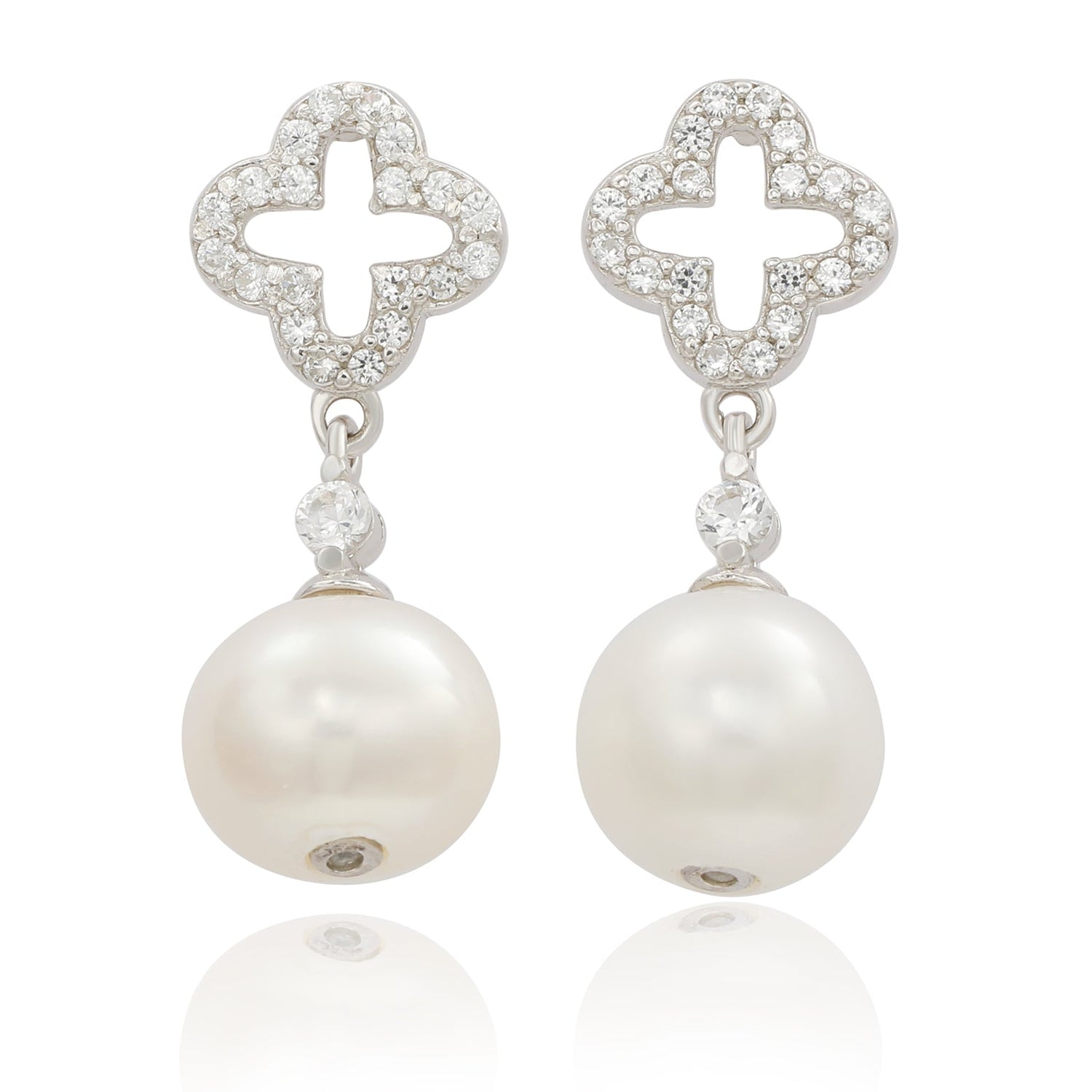 Suzy Levian sterling silver clover white sapphire and cultured pearl earrings for June birthstone styling
