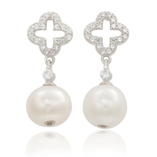 Suzy Levian sterling silver clover white sapphire and cultured pearl earrings for June birthstone styling