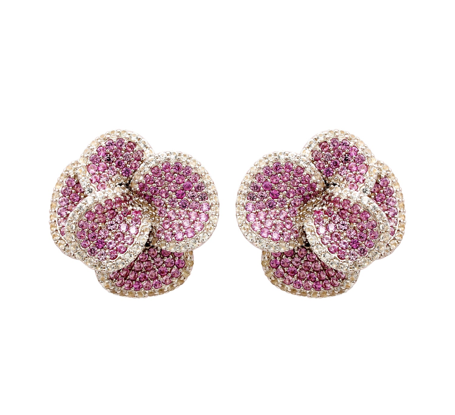 Pink sapphire and white sapphire peony flower earrings in sterling silver
