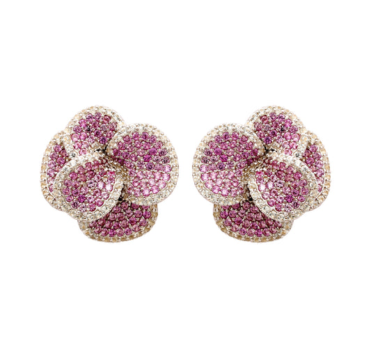 Pink sapphire and white sapphire peony flower earrings in sterling silver