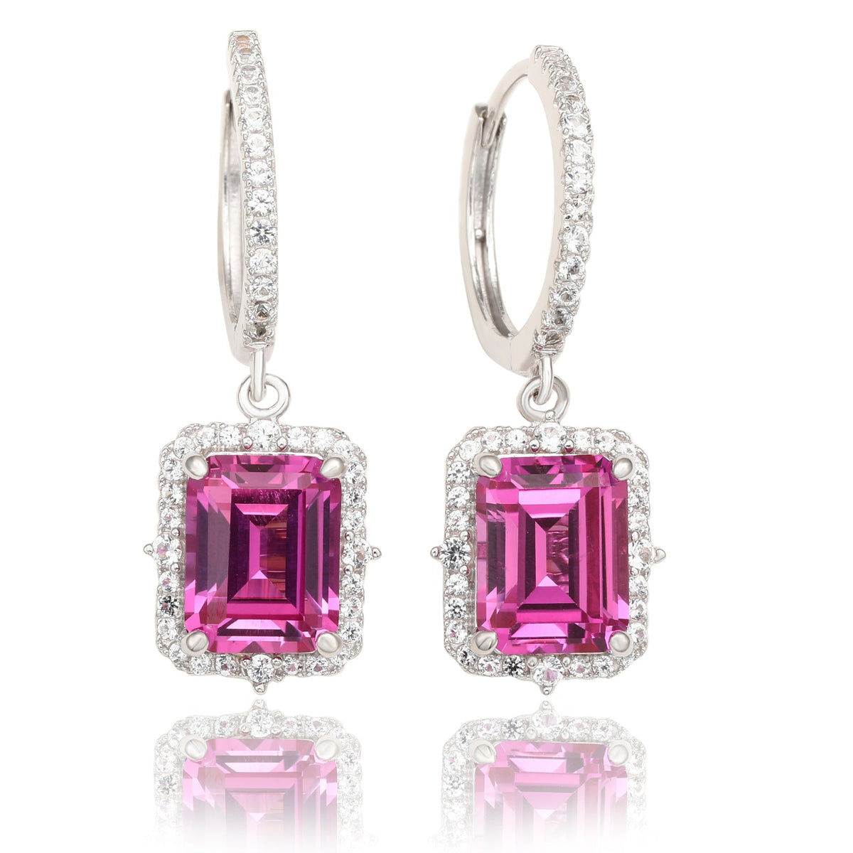 Pink sapphire halo dangling earrings in sterling silver