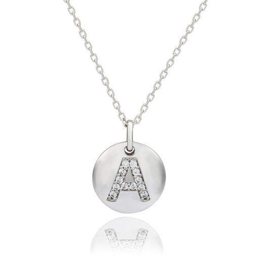 White sterling silver initial disc pendant with cubic zirconia