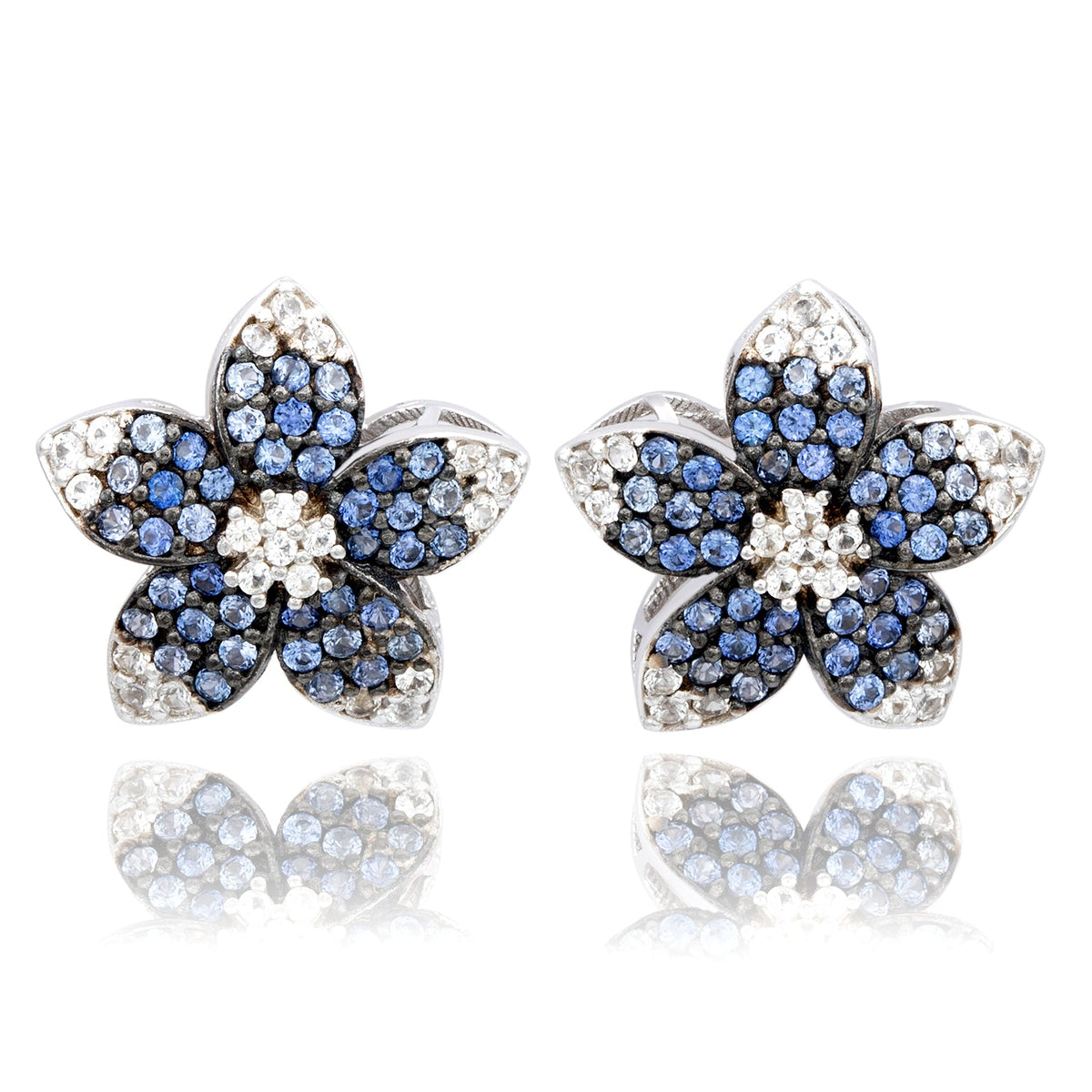 Blue sapphire flower earrings in sterling silver