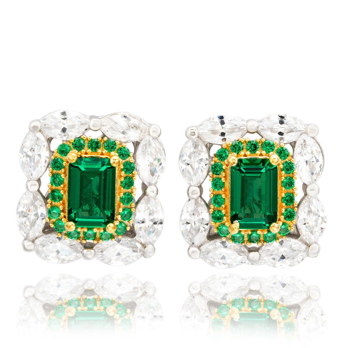 Two tone green and white cubic zirconia cluster earrings