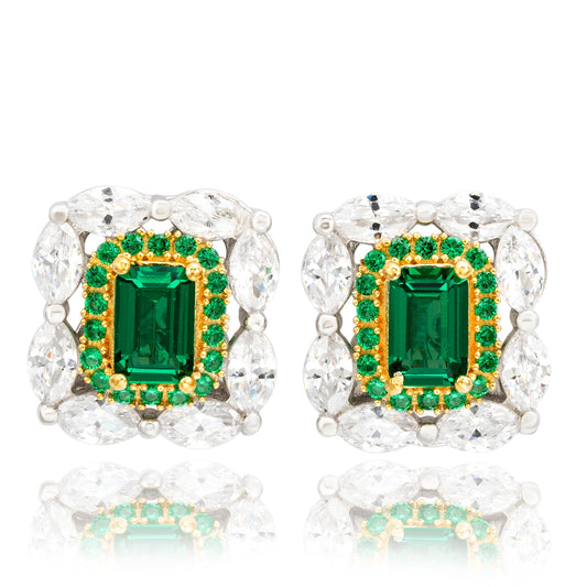 Two tone green and white cubic zirconia cluster earrings