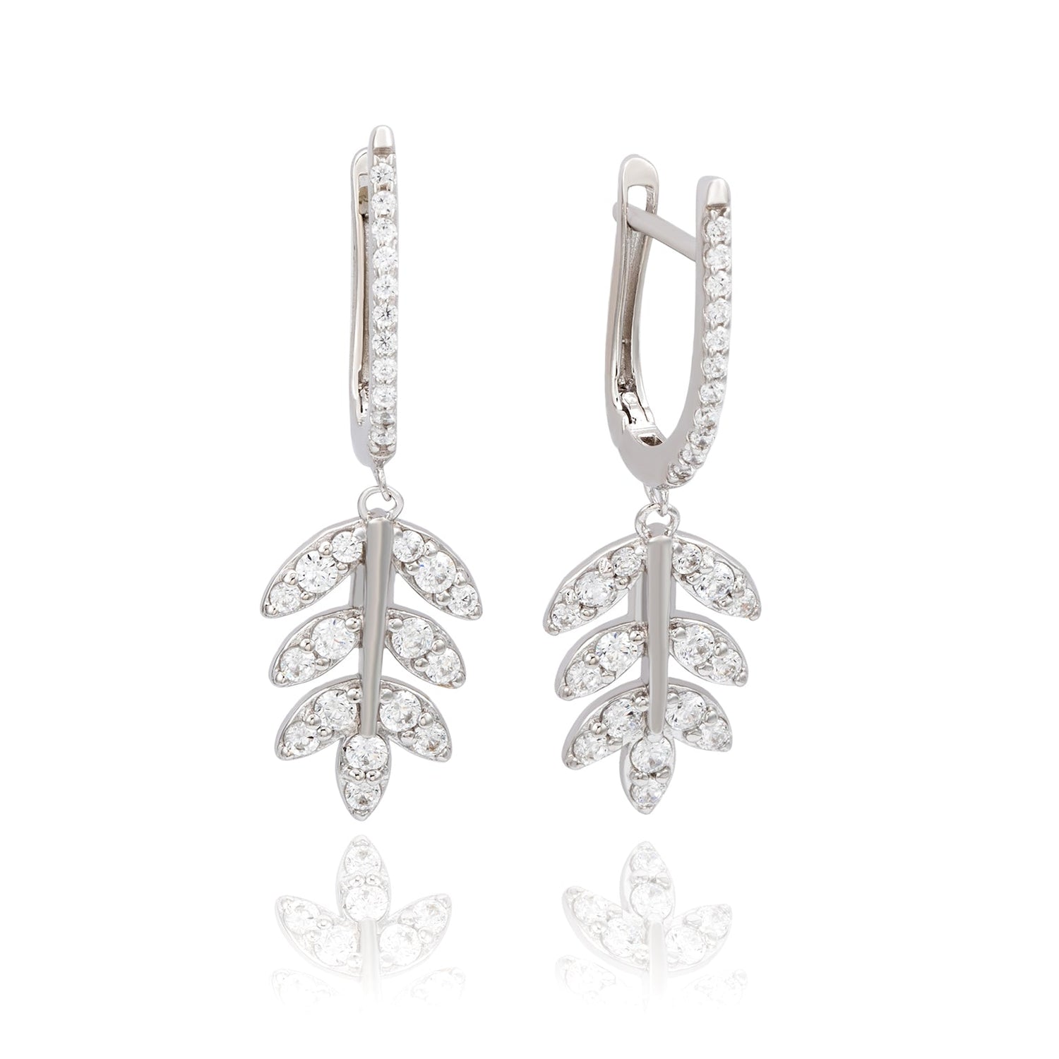 Sterling silver white cubic zirconia feather dangle earrings