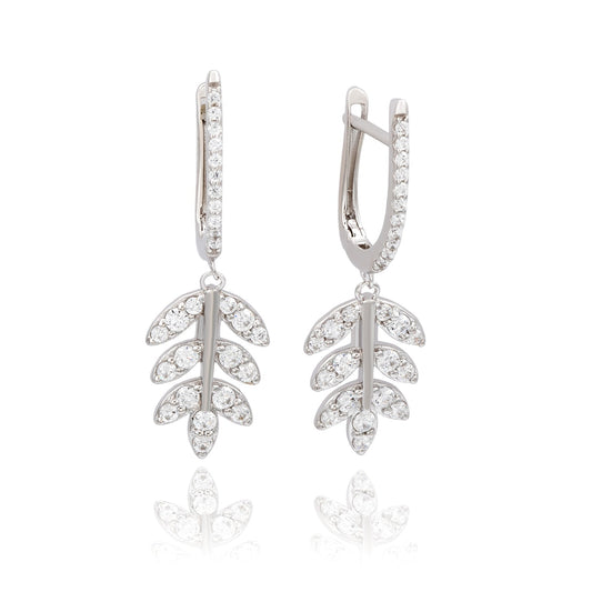 Sterling silver white cubic zirconia feather dangle earrings