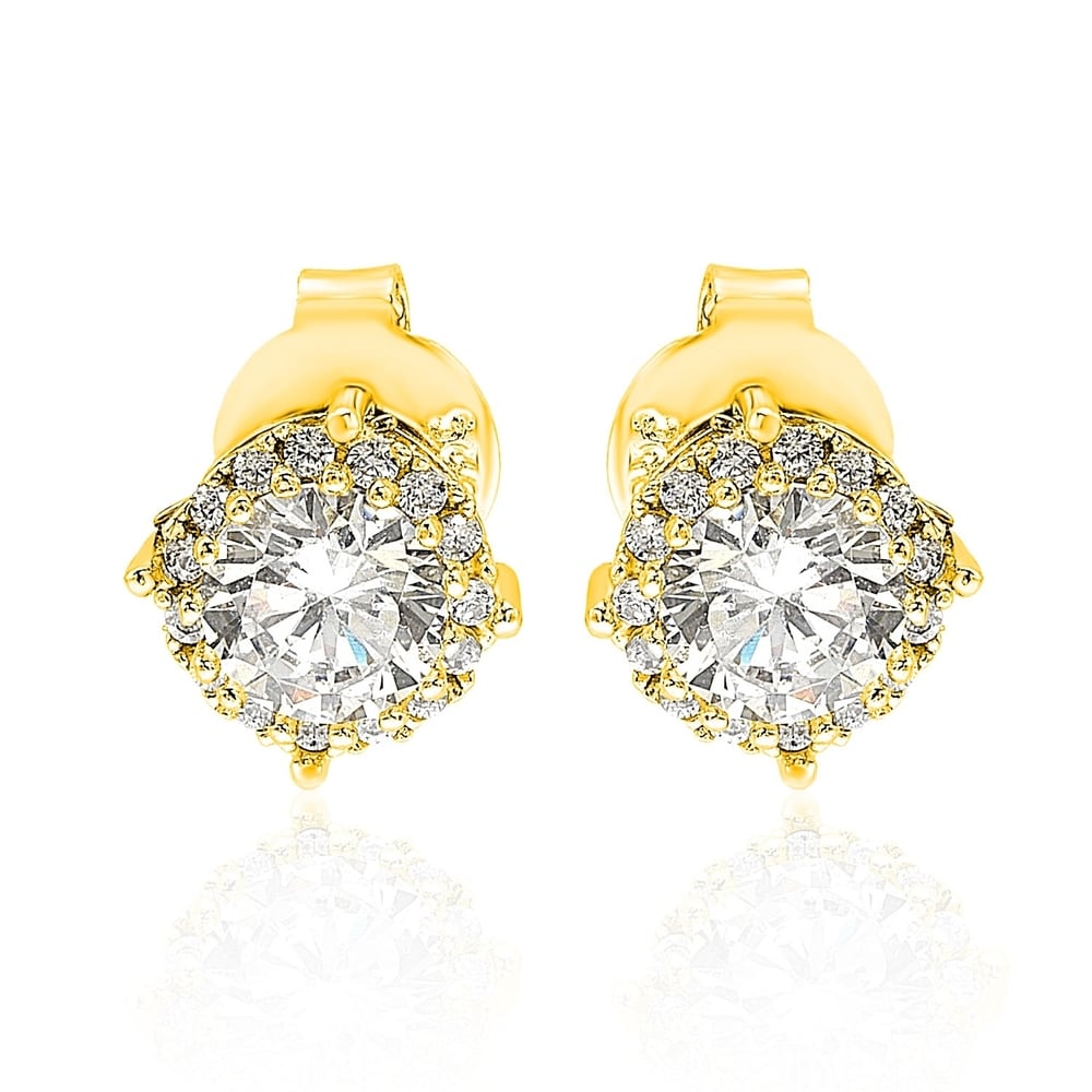 Yellow sterling silver round stud earrings with white cubic zirconia