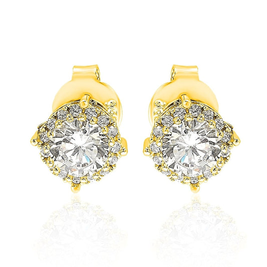 Yellow sterling silver round stud earrings with white cubic zirconia