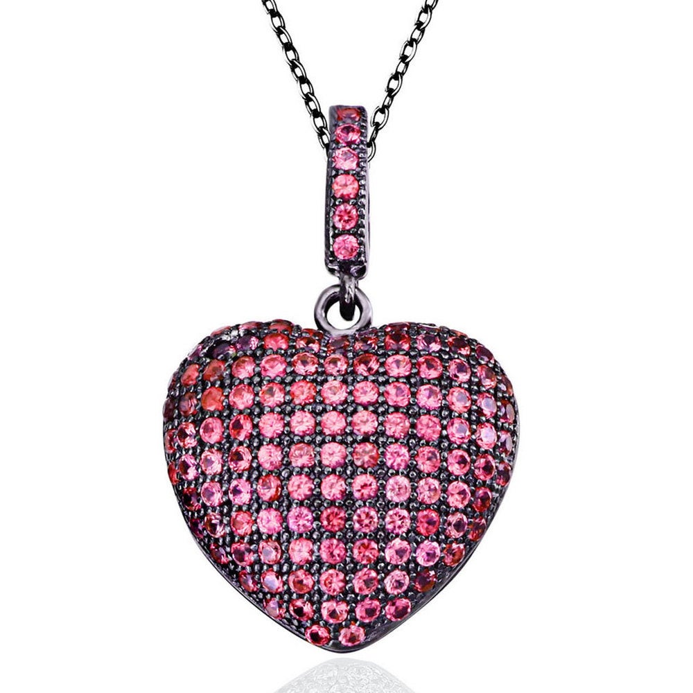 Pink cubic zirconia blackened sterling silver pave heart pendant