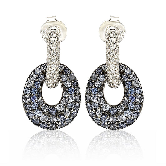 Sterling silver blue and white sapphire double oval dangle earrings