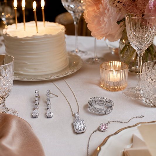 Diamond-inspired birthday jewelry styled with a white cake, candles, crystal glassware, and blush flowers