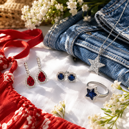 Fourth of July weekend jewelry styling with red, white, and blue summer sparkle