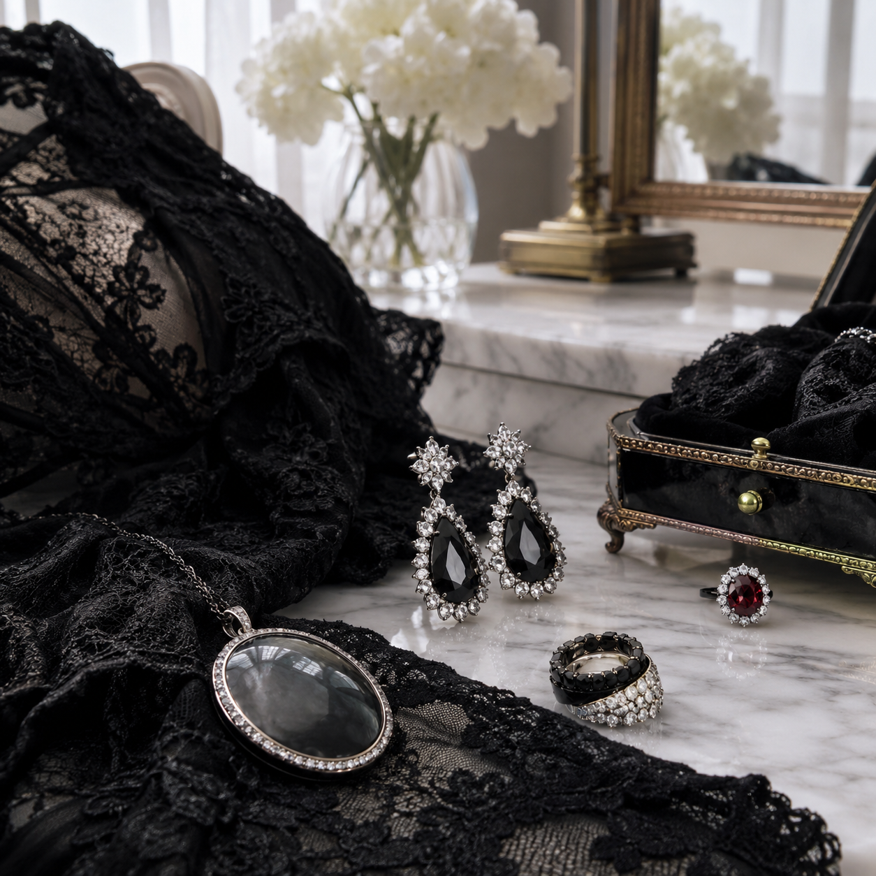 Gothic romance wedding guest jewelry styled with black lace, black-and-white sparkle, and a red accent