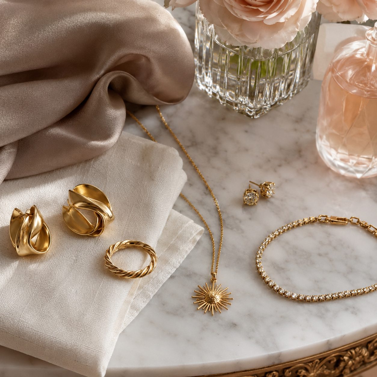 Gold jewelry styled with taupe silk and ivory linen for a summer neutral couture-inspired look