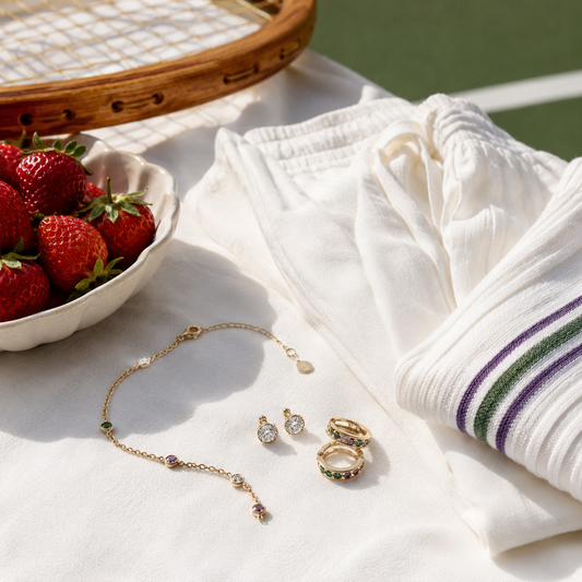 Wimbledon-inspired summer whites jewelry styling with green and purple accents