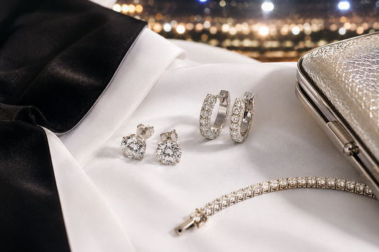 White sparkle earrings and a tennis bracelet styled on black and white evening fabric with stadium lights in the background