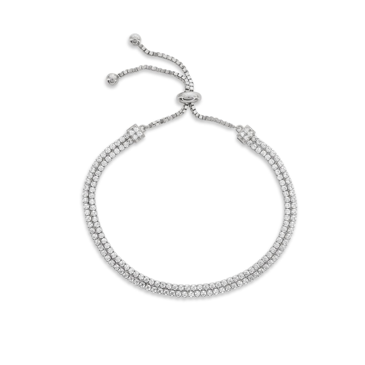 Suzy Levian Sterling Silver White Cubic Zirconia Adjustable Bolo Double Strand Pave Bracelet