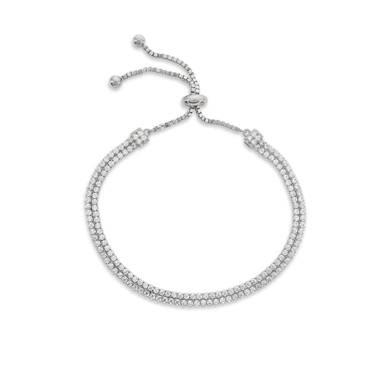 Suzy Levian Sterling Silver White Cubic Zirconia Adjustable Bolo Double Strand Pave Bracelet
