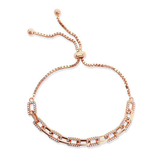 Suzy Levian Rose Sterling Silver White Cubic Zirconia Adjustable Bolo Pave Bracelet