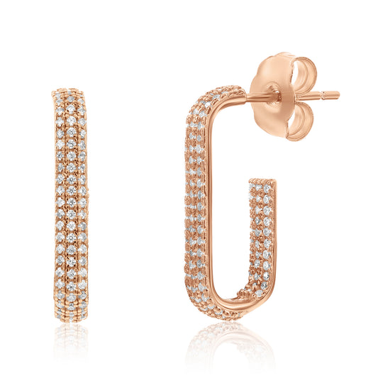 Suzy Levian Rose Sterling Silver & White Cubic Zirconia Pave Open Paperclip Hoop Earrings
