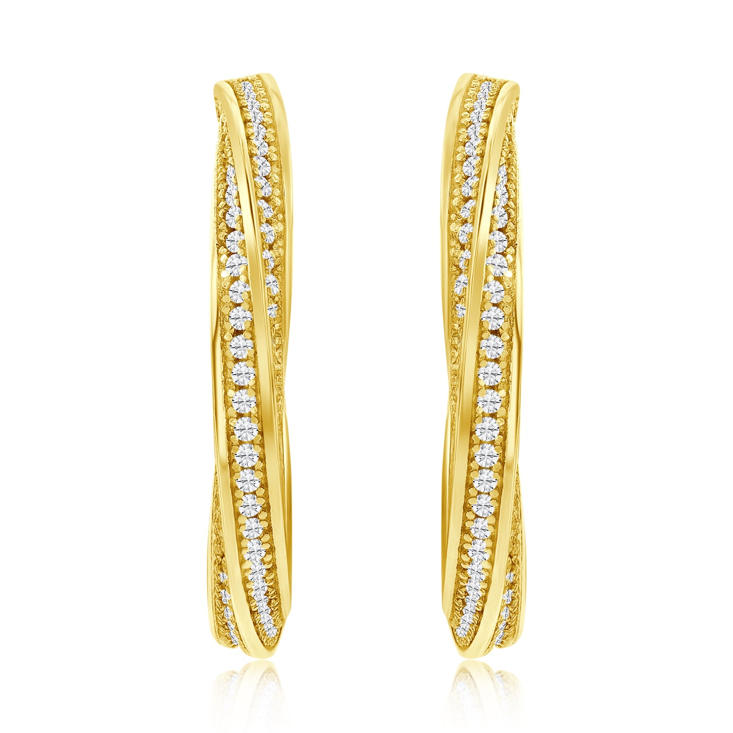 Suzy Levian Yellow Sterling Silver & White Cubic Zirconia Pave Twisted Hoop Earrings