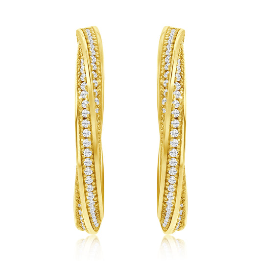 Suzy Levian Yellow Sterling Silver & White Cubic Zirconia Pave Twisted Hoop Earrings