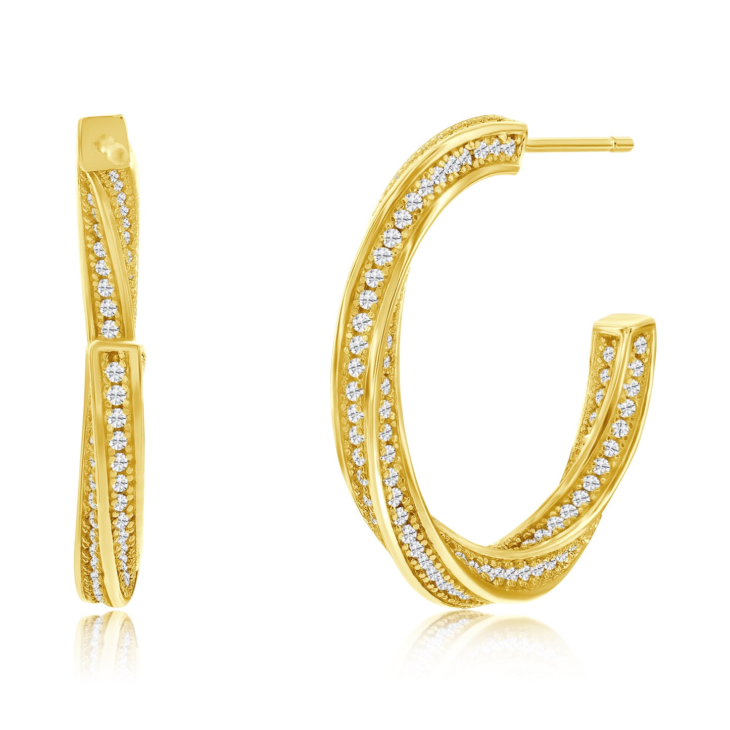 Suzy Levian Yellow Sterling Silver & White Cubic Zirconia Pave Twisted Hoop Earrings