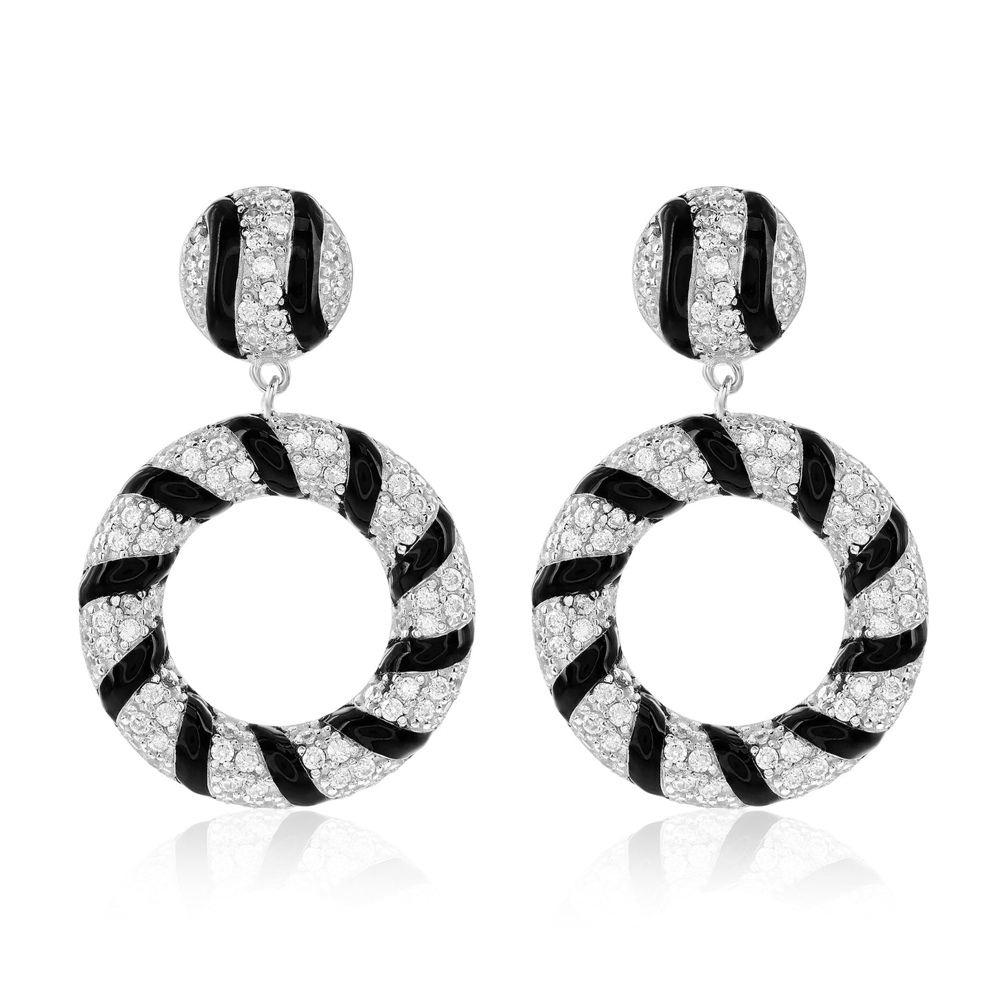 Suzy Levian Sterling Silver Pave White Cubic Zirconia Black Enamel Circle Drop Earrings