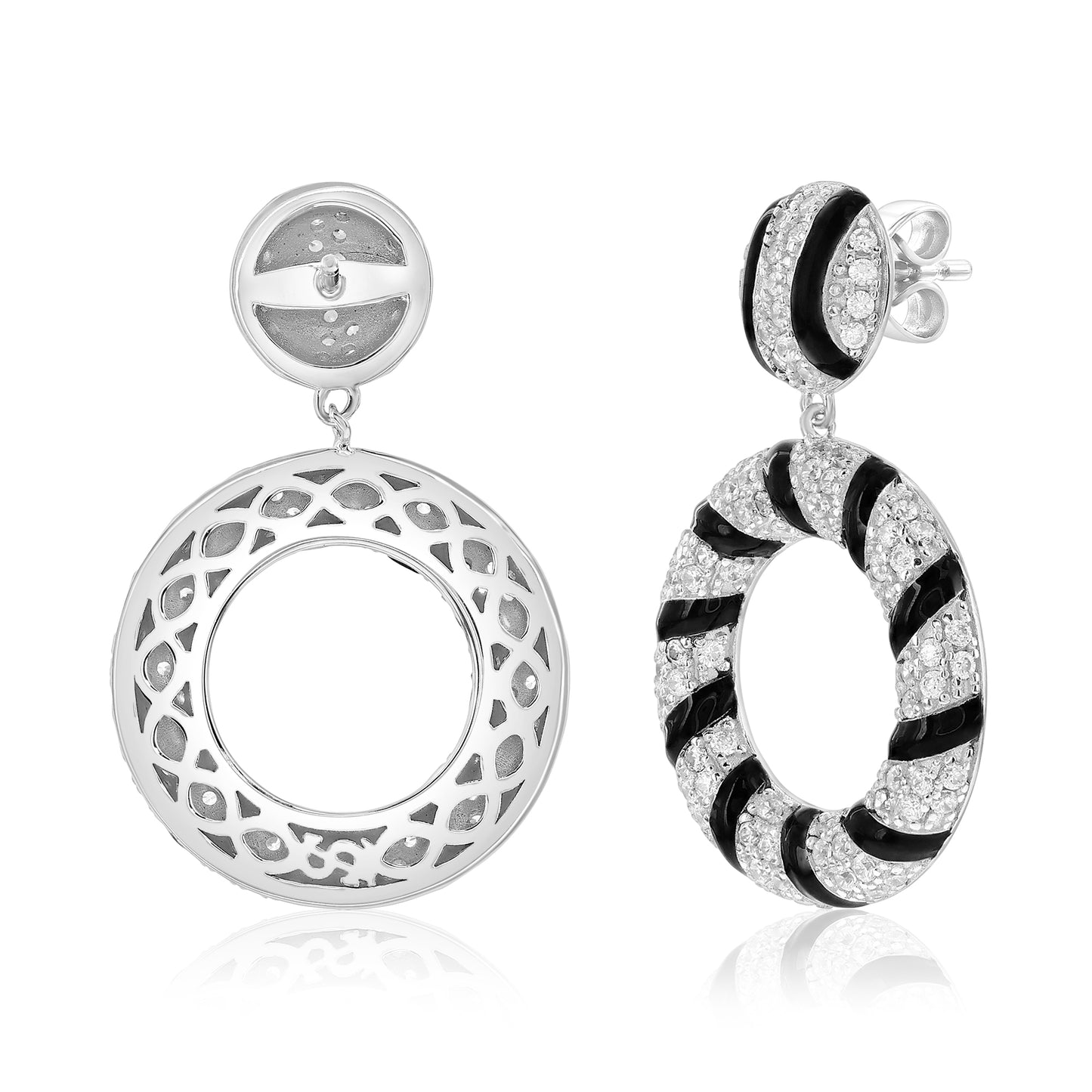 Suzy Levian Sterling Silver Pave White Cubic Zirconia Black Enamel Circle Drop Earrings