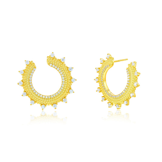 Suzy Levian Yellow Sterling Silver White Cubic Zirconia Open Sunburst Circle Earrings