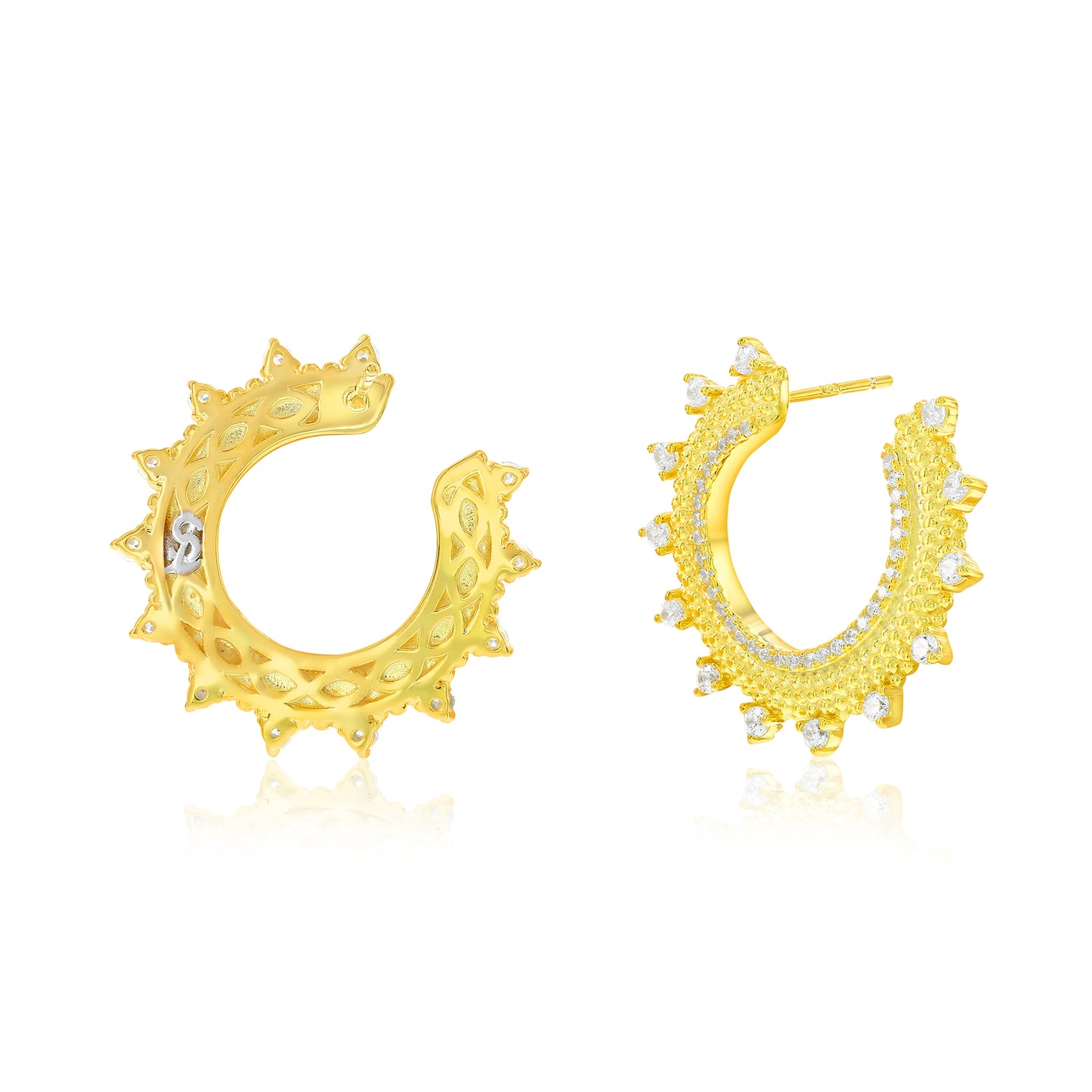 Suzy Levian Yellow Sterling Silver White Cubic Zirconia Open Sunburst Circle Earrings