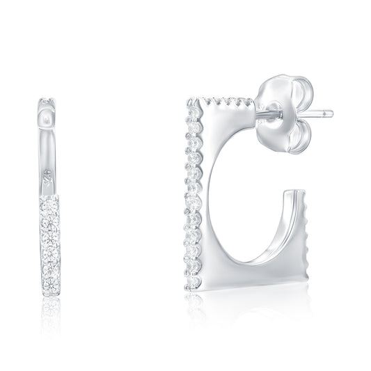 Suzy Levian Sterling Silver Pave Cubic Zirconia Square Open Hoop Earrings