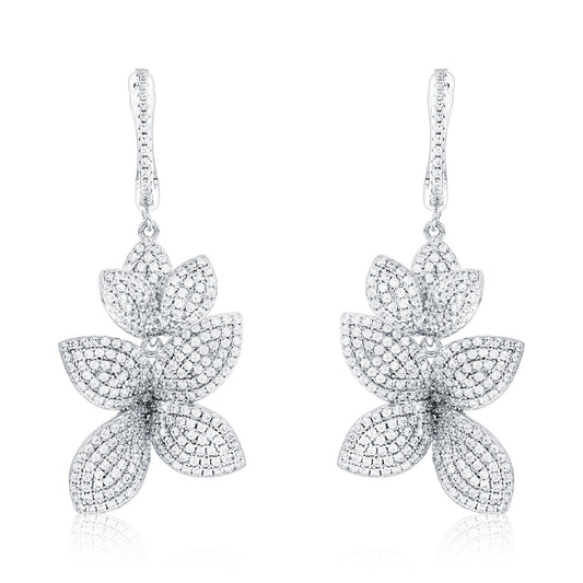 Suzy Levian Sterling Silver White Cubic Zirconia Large Abstract Pave Flower Drop Earrings
